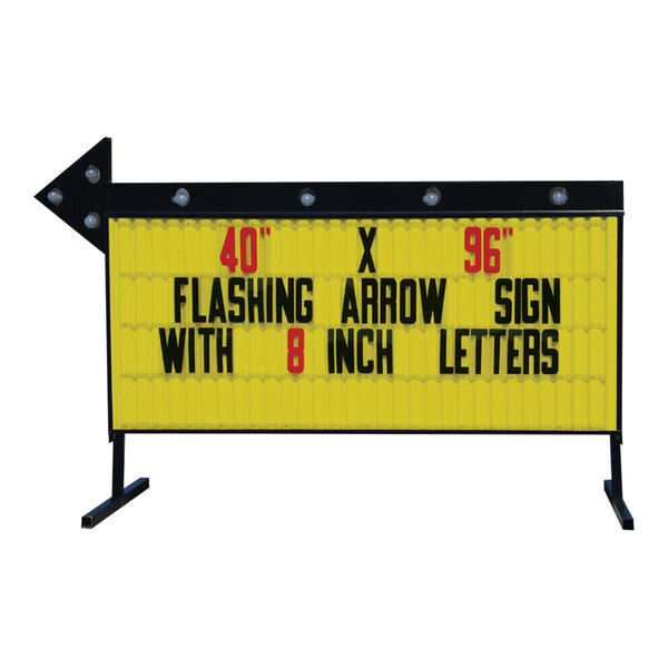A yellow roadside sign with black letters and a flashing arrow.
