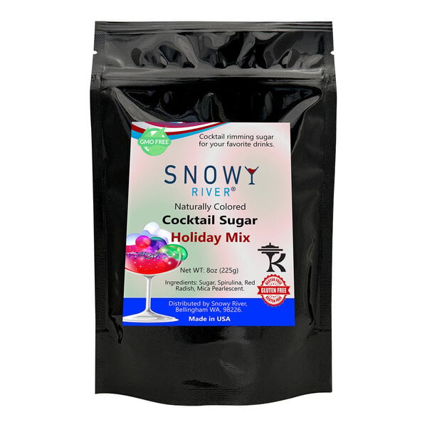 A black packet of Snowy River holiday cocktail sugar.