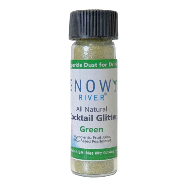 A white bottle of Snowy River green cocktail glitter with a black plastic cap.