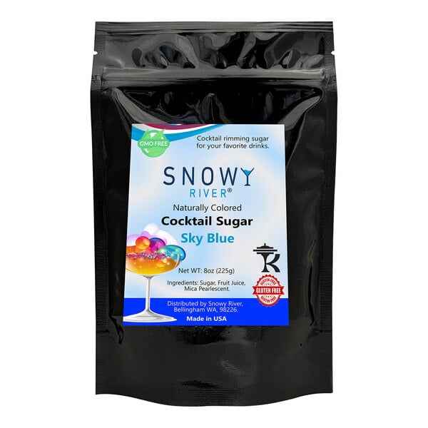 A black packet of Snowy River Sky Blue cocktail sugar with a label.