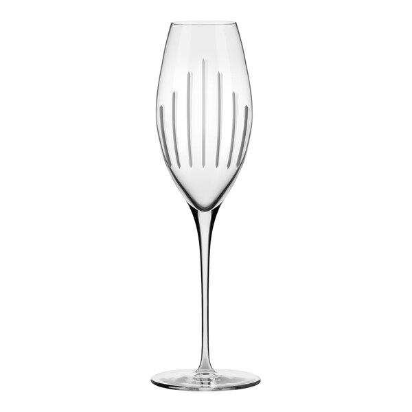 A close-up of a clear Libbey Reserve flute wine glass with a thin stem.