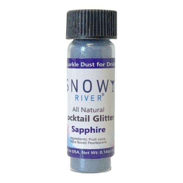 A bottle of Snowy River Sapphire cocktail glitter with a blue label.