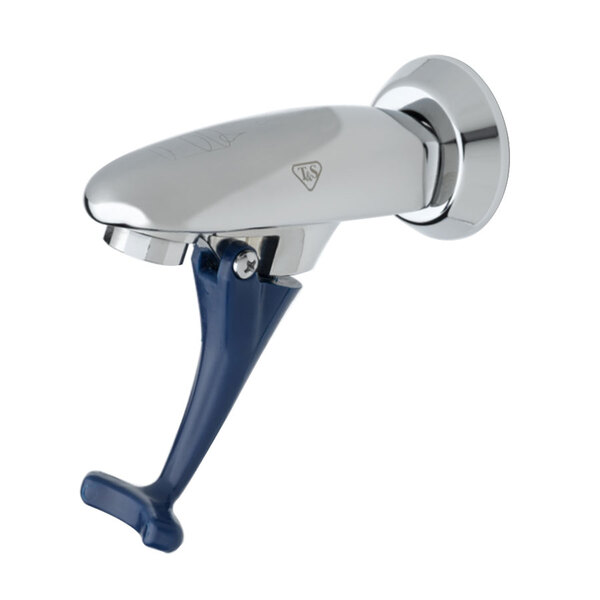 A close-up of a T&S chrome and blue volume control stem with a blue handle.