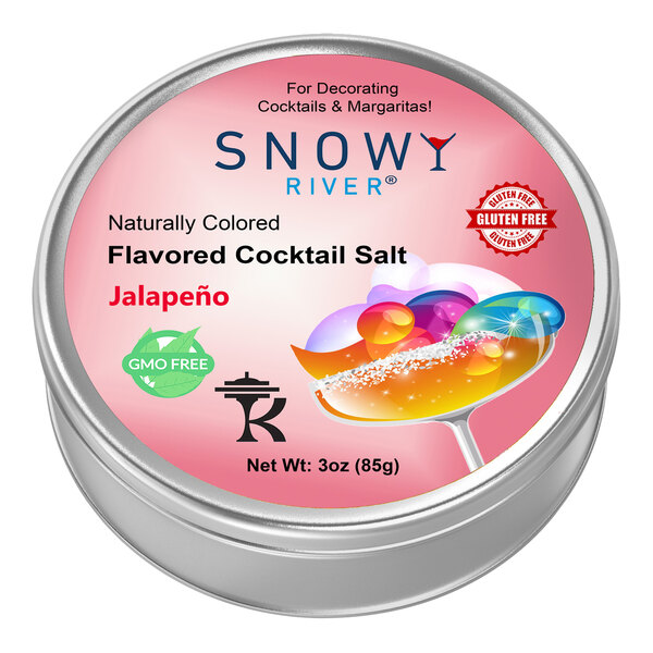 A round metal container of Snowy River Jalapeno Cocktail Rimming Salt with a pink label.