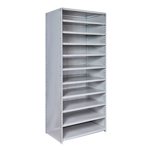 A light gray Hallowell steel shelving unit with shelves.