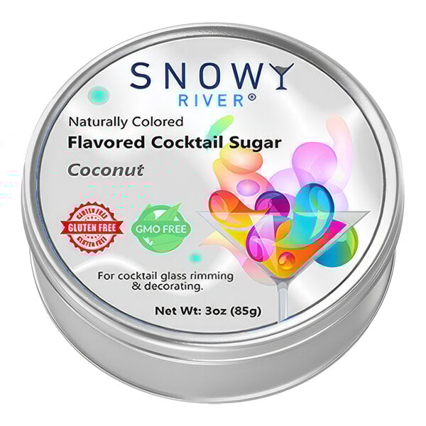A round silver container of Snowy River coconut flavored sugar with a label.