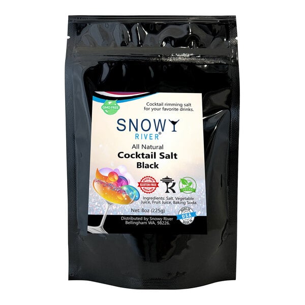 A black packet of Snowy River Black Cocktail Rimming Salt with a label.