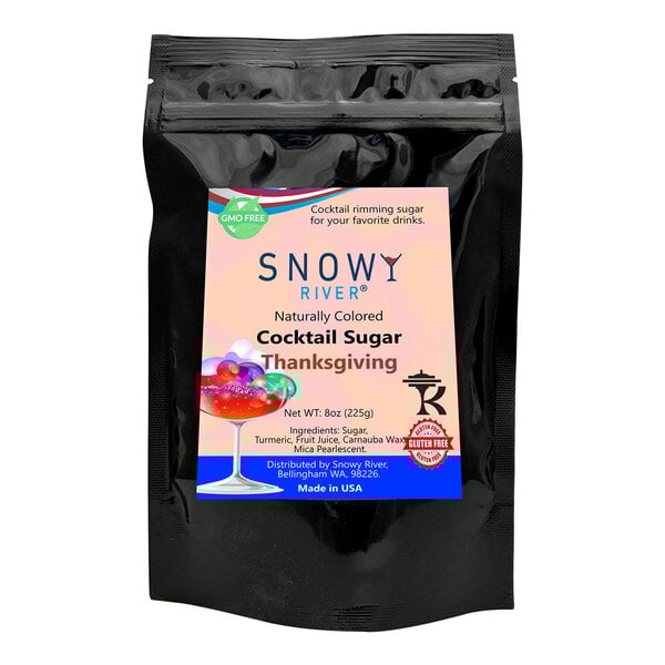A black bag of Snowy River Thanksgiving cocktail rimming sugar on a white background.
