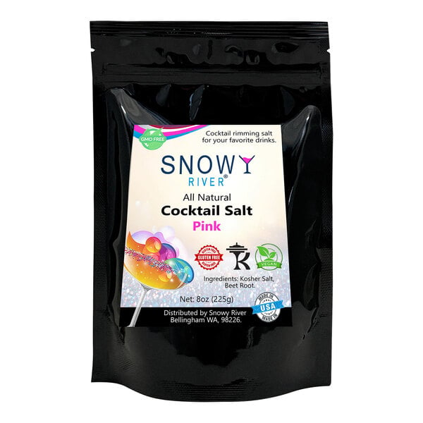 A black package of Snowy River Pink cocktail salt with a white label.