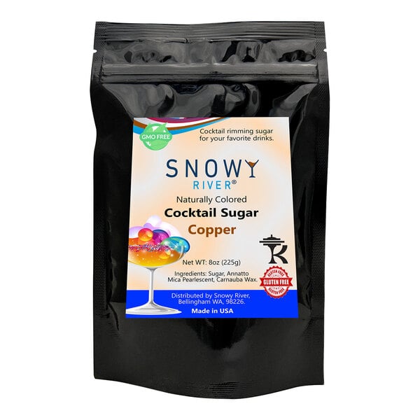 A black bag of Snowy River Copper Cocktail Rimming Sugar with a label.