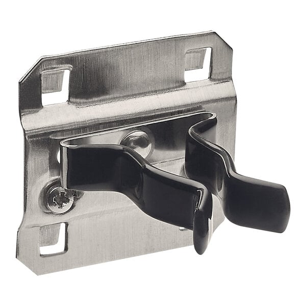A vinyl-dipped stainless steel extended spring clip for a pegboard.