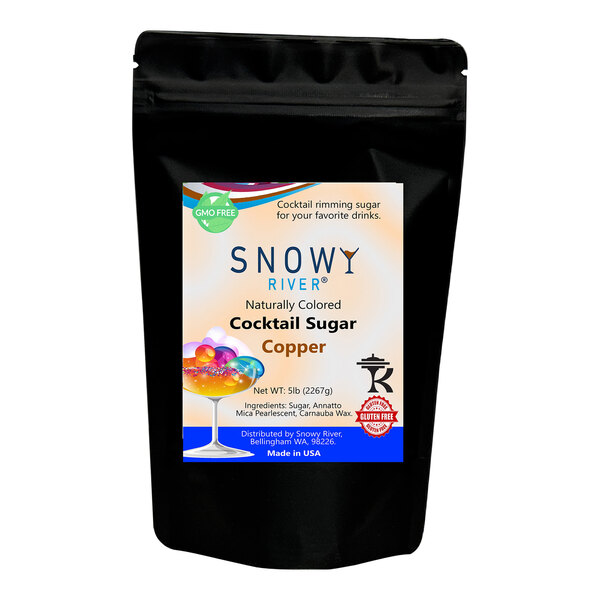 A black bag of Snowy River copper cocktail sugar with a label.