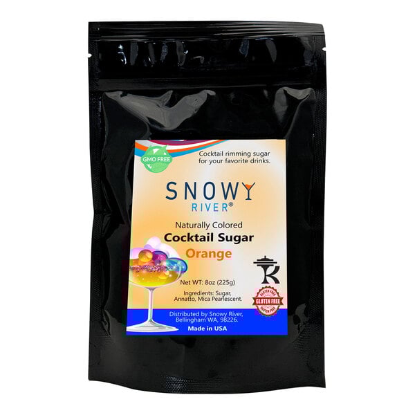 A black package of Snowy River Orange Cocktail Rimming Sugar with a label.