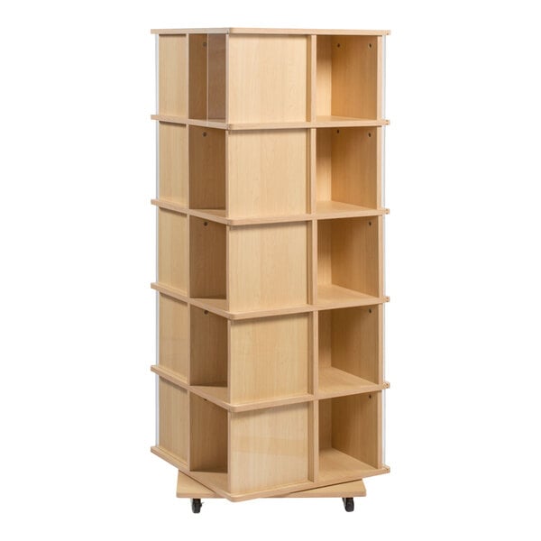 A 20-slot wooden t-shirt spinner display with wheels.
