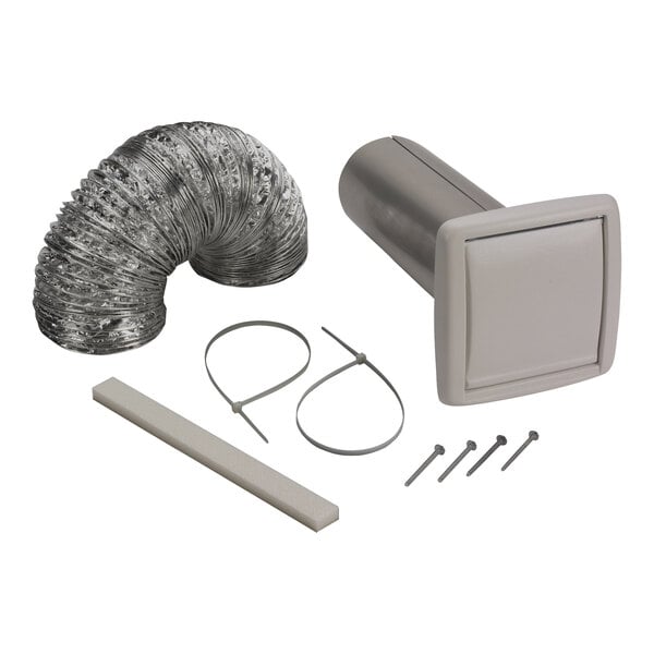 A Broan wall vent ducting kit with a grey metal pipe and screws.