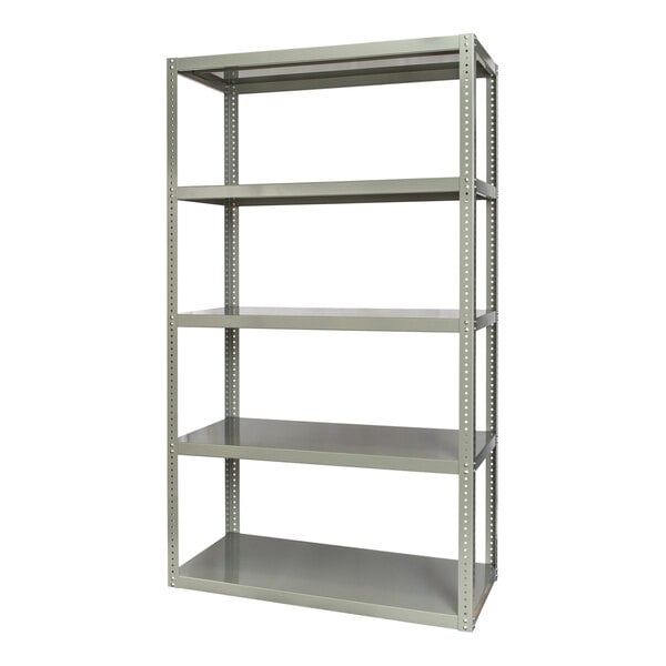 A dark grey metal shelving unit with five shelves.