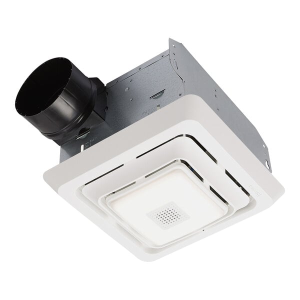 A white Broan bathroom exhaust fan vent with black accents.
