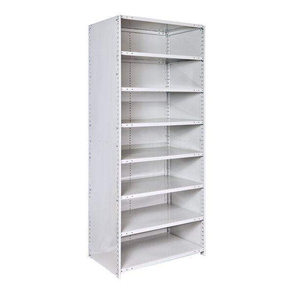 A gray metal Medsafe antimicrobial shelving unit with eight adjustable shelves.