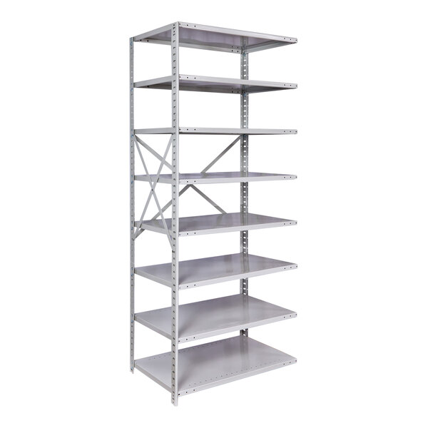 A gray MEDSAFE Antimicrobial metal shelving unit with adjustable shelves.