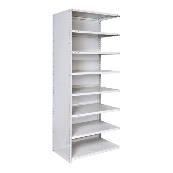 A gray MEDSAFE antimicrobial metal lab shelving unit with shelves.