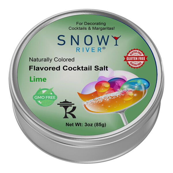 A round metal container of Snowy River lime flavored cocktail salt with a label.