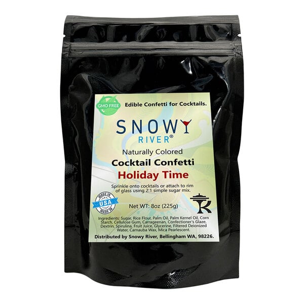 A black package of Snowy River Holiday Time Cocktail Confetti with a white label.