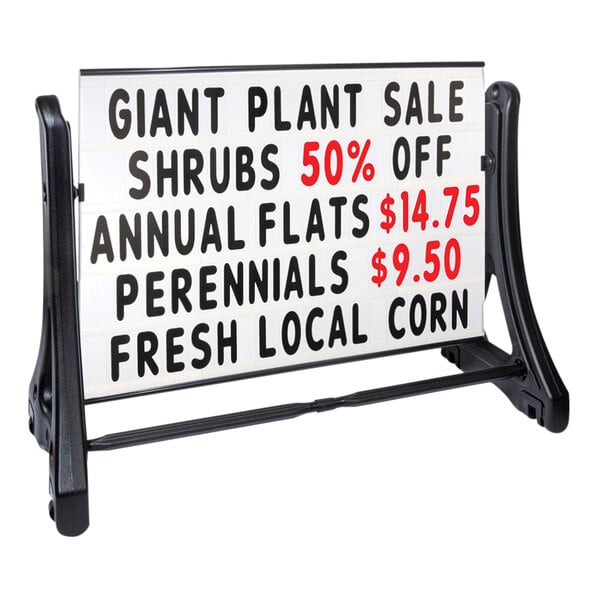 A white 36" x 48" double-sided A-frame sign with black text.