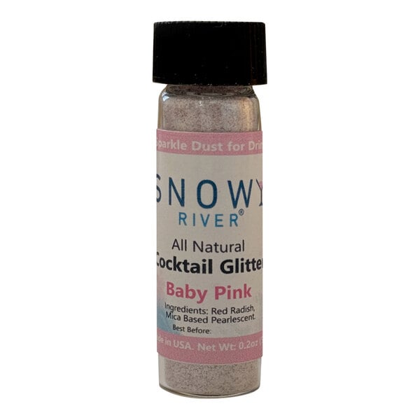 A bottle of Snowy River Baby Pink Cocktail Glitter with a pink label.