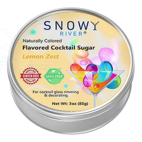 A round metal container of Snowy River Lemon Zest cocktail rimming sugar with a label.