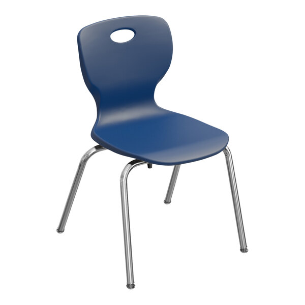 A navy blue plastic chair with a metal frame.