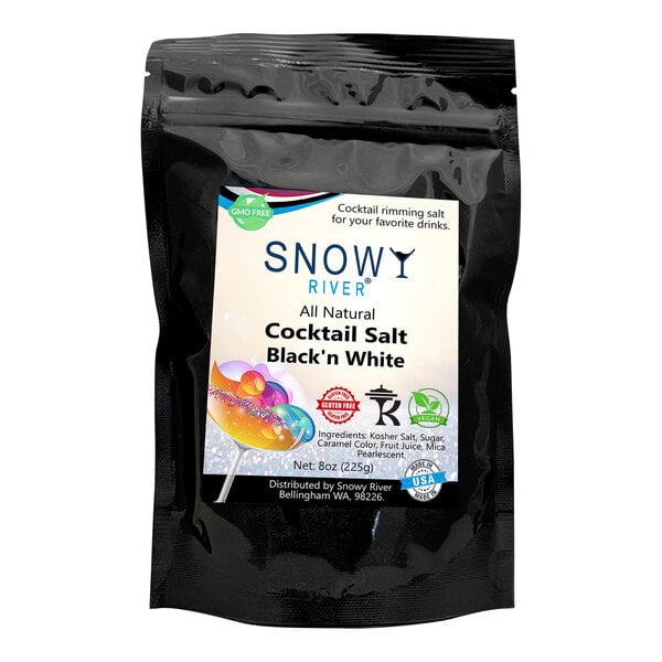 A black and white package of Snowy River Black and White Cocktail Rimming Salt with a label.