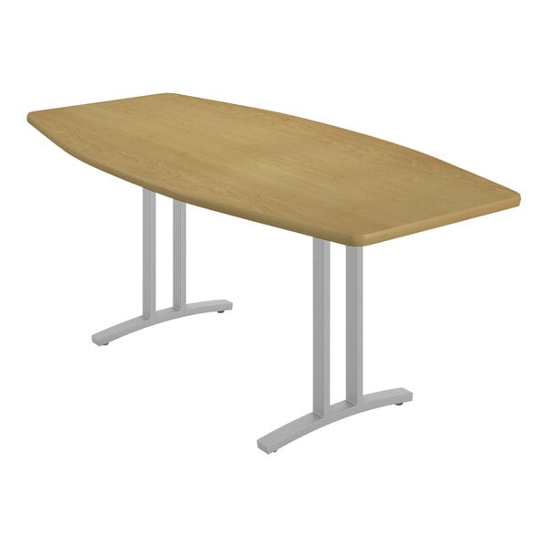 A Correll Curvature conference table with a maple finish and two legs.