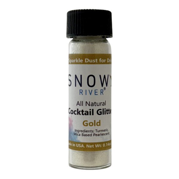 A white Snowy River bottle of cocktail glitter with a black cap.