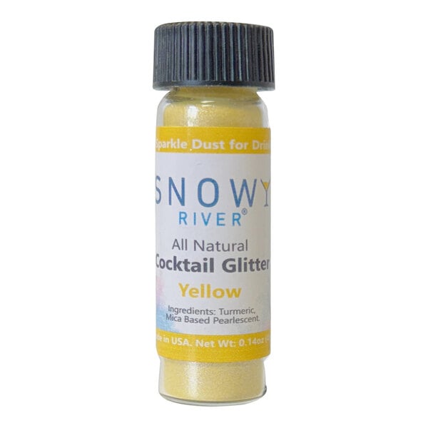 A bottle of Snowy River yellow cocktail glitter with a black cap and label.