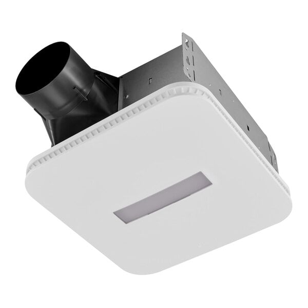 A Broan bathroom exhaust fan with a white cover over a black vent.