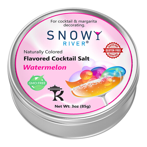 A round silver container of Snowy River Watermelon Cocktail Rimming Salt with a pink label.