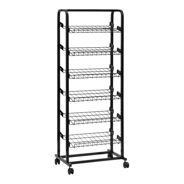 A black metal mobile 6-shelf angled merchandising display rack with wheels.