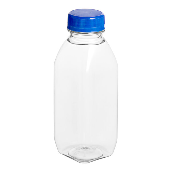 A clear plastic 12 oz. Square Milkman juice bottle with a blue lid.