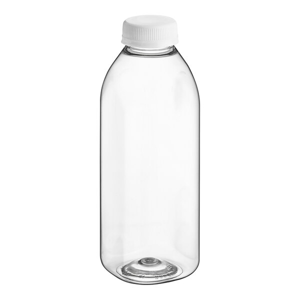 A clear plastic 16 oz. square juice bottle with a white cap.