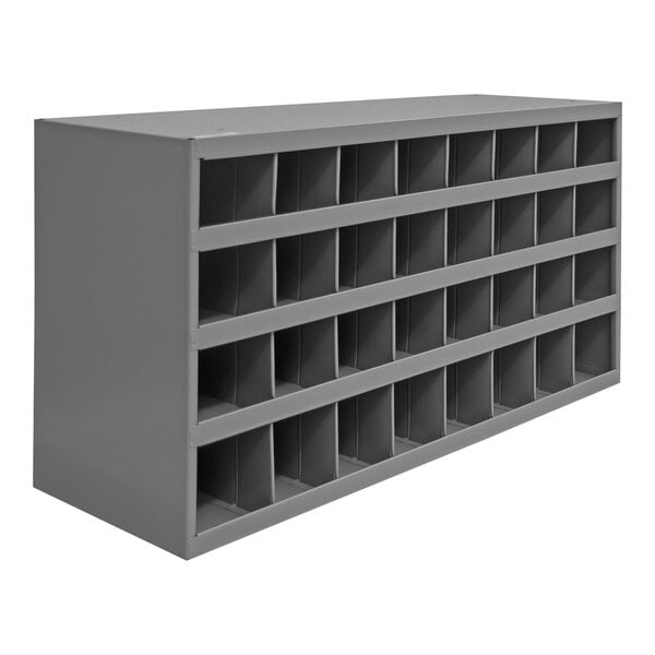 A grey metal Durham storage bin shelf with many compartments.