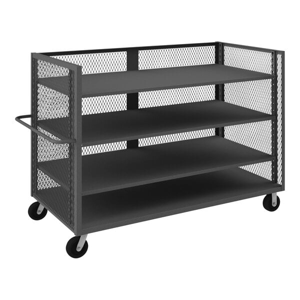 A black metal Durham maintenance cart with shelves.