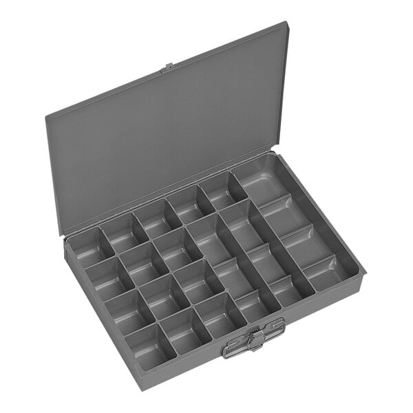 A gray metal Durham Mfg steel box with 17 compartments.