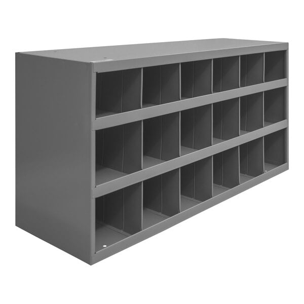 A grey metal Durham Mfg storage bin shelf with 18 openings.