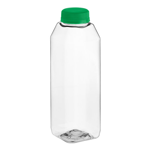 A 16 oz. clear square rPET juice bottle with a green lid.