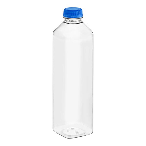 A clear plastic 32 oz. tall square juice bottle with a blue lid.