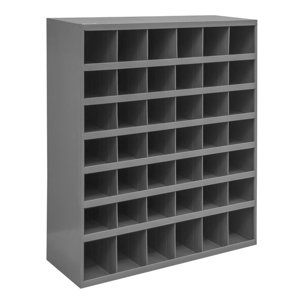 A grey Durham Mfg storage bin shelf with 42 openings.