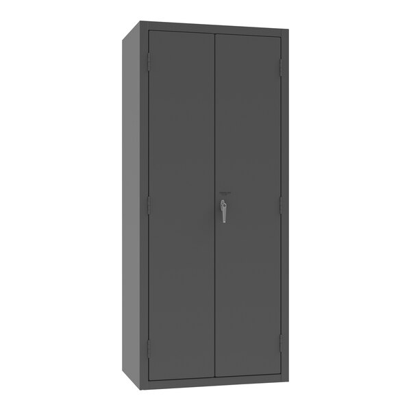 A gray metal cabinet with a lock.