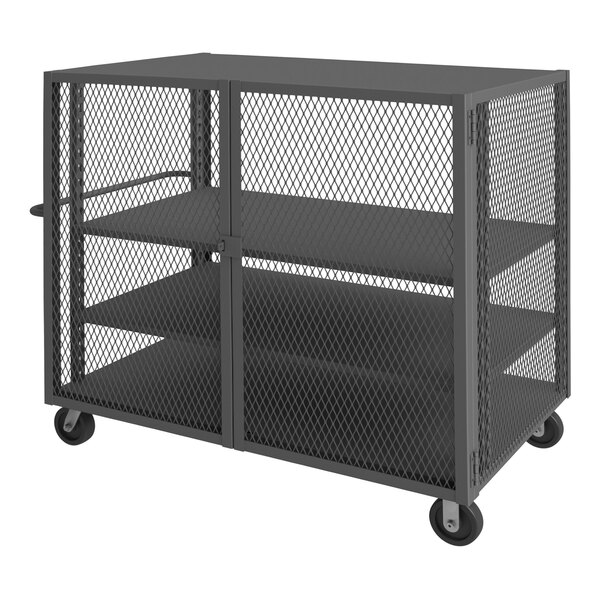 A grey metal Durham stock picking cart with three shelves and wheels.