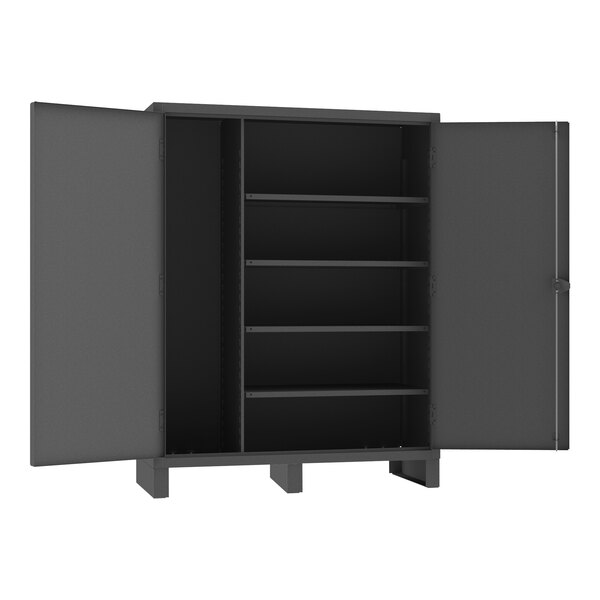 A gray metal cabinet with open doors and shelves.