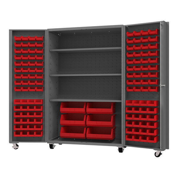 A large grey metal storage cabinet with red bins on shelves.